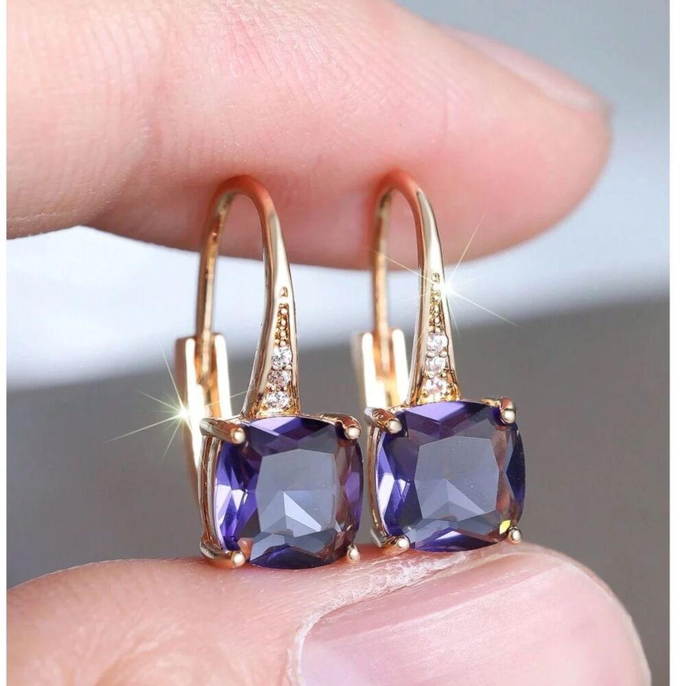 Purple Zirconia Crystal Square Drop Earrings Gold Princess Cut Dangle Gemstone
